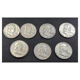8 Franklin silver half dollar coins; 1951-D,