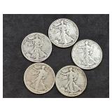 5 Walking Liberty silver half dollar coins; 4