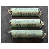3  Rolls of 50 Roosevelt silver dimes