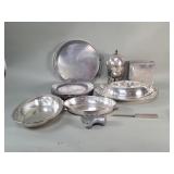 Group of silver plate bowls steel square vase.