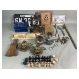 Box of misc. bronze ornaments, license plates