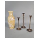 Asian porcelain vase, three brass candlesticks