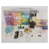 Costume jewelry, Bulova watch, color pencils,