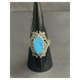 Sterling silver blue stone and marcasite ring