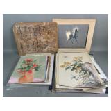 Group of signed Asian water color, prints, and