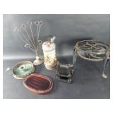 Box of miscellaneous iron stands, beer stein,