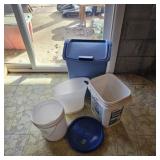 Two Blue Trashcans, White Waste Basket/ PVC Bucket