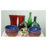Green Bottles, Red Glass Vases, 4 Redware Bowls