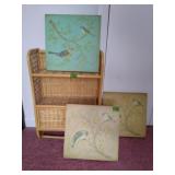 Three Bird Pictures & Wicker Hanging Bath Cabinet