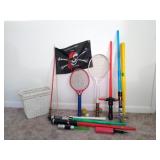 Pirate Flag, Light Sabers, Wicker Waste Basket
