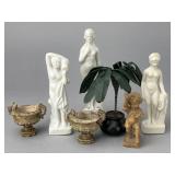 3 Bisque Statues, 2 Urns, Wooden Statue