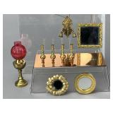 Brass Miniatures w/ glass dome & Banquet Lamp.
