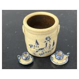 Jane Graber Pottery Crock, 2 Chambersticks.