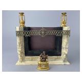 Stone Fireplace w/ Fender, Mantle Clock and Vases