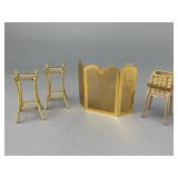 2 Brass Stands, Brass Fireplace Screen & Wicker