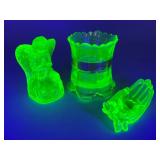 Uranium Glass Figurines and Toothpick Holder