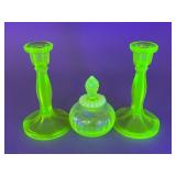 Uranium Glass Candlesticks and Lidded Jar