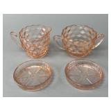 Pink Depression Glass Creamer, Sugar, and Coasters