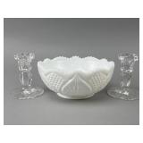 Milk Glass Bowl and Pair of Clear Glass Candlestic
