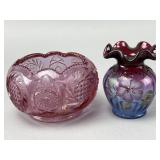 Cranberry Glass Bowl and Hand-Painted Vase
