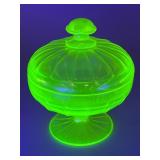 Vaseline Glass Lidded Pedestal Dish