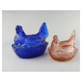 Blue and Pink Hen on Nest Glass Dishes