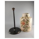 Floral Ceramic Jar and Metal Stand