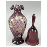 Amethyst Glass Vase and Bell With Hand-Painted Des