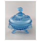 Blue Frosted Glass Lidded Candy Dish with Sea Shel