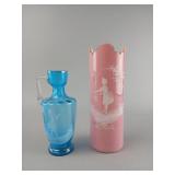 Blue Glass Pitcher and Pink Glass Vase Set