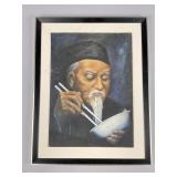 Framed Oil Painting of Man Eating With Chopsticks