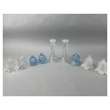 Pressed Glass Candlesticks and Flower Shades Set