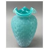Fenton Blue Basketweave Glass Vase