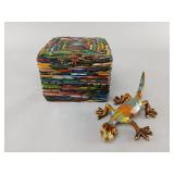 Multicolored Glass Box and Ceramic Gecko Figurine