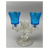 Glass Candelabra with Blue Floral Shades