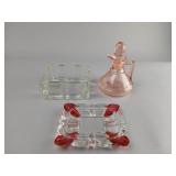 Pink Glass Cruet and Two Glass Trays