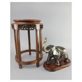 Wood Pedestal Table and Metal Elephant Figurine