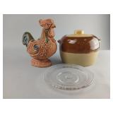 Ceramic Rooster, Lidded Crock, and Embossed Glass