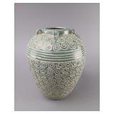 Celadon Glazed Ceramic Vase with Swirl Pattern