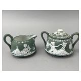 Green Jasperware Sugar Bowl and Creamer Set