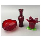 Three Red Glass Decorative Pieces