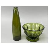 Green Glass Bottle and Pedestal Bowl Set