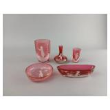 Cranberry Glass Miniature Vessels with Cameo Desig