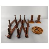 Wood Rack, Candlestick Holders, and Wall Plaque