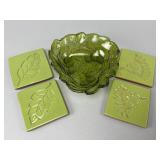 Green Glass Bowl and Four Ceramic Tiles
