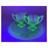 Uranium Glass Creamer, Sugar, and Plate Set