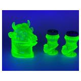 Uranium Glass Cow Creamer and Salt Shakers