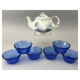 Floral Teapot and Set of Six Blue Custard Cups