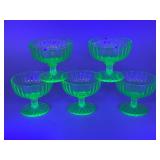 Five Green Vaseline Glass Dessert Cups