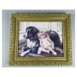 Gold-Tone Framed Halftone Print of Girl and Dog
